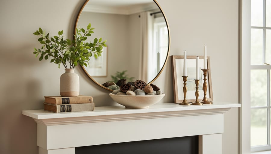 White fireplace mantel decorated with candles, greenery and affordable decor items