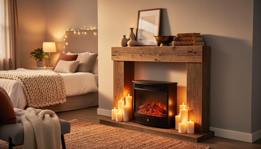Cozy bedroom with a DIY reclaimed-wood mantel housing a compact electric fireplace insert, candles glowing, layered knit blanket on the bed, small plant on the nightstand, and subtle string lights, photographed at eye level with warm ambient lighting.