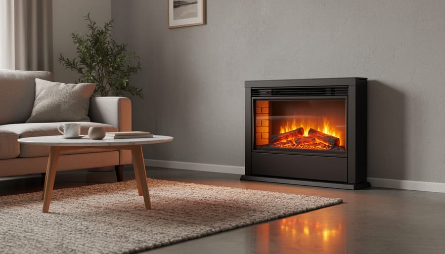 Modern electric fireplace with glowing flames mounted on bedroom wall