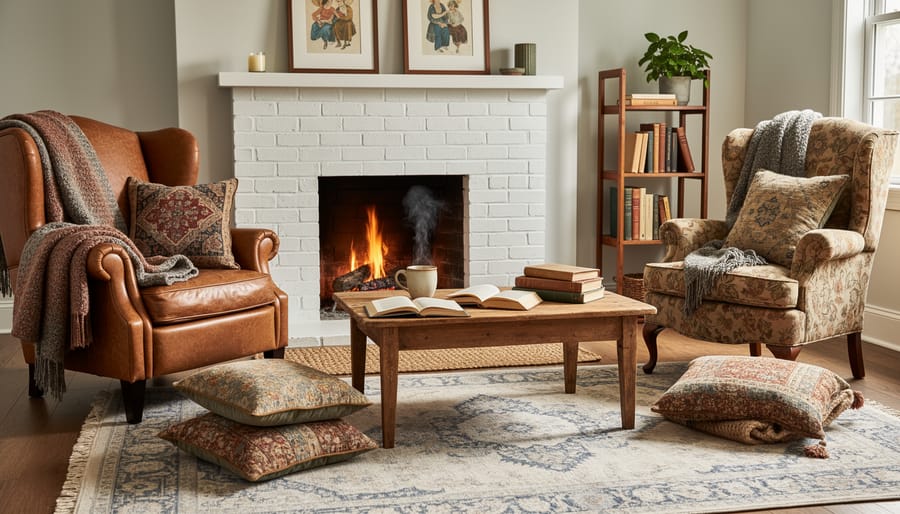 Cozy reading nook with armchair and throw blanket beside bedroom fireplace