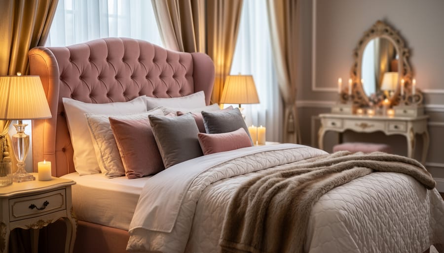 Romantic boudoir-style bedroom with tufted headboard, layered bedding, velvet pillows, faux fur throw, silk curtains, and warm bedside lamp and candlelight, with a vintage vanity and ornate mirror softly blurred in the background.