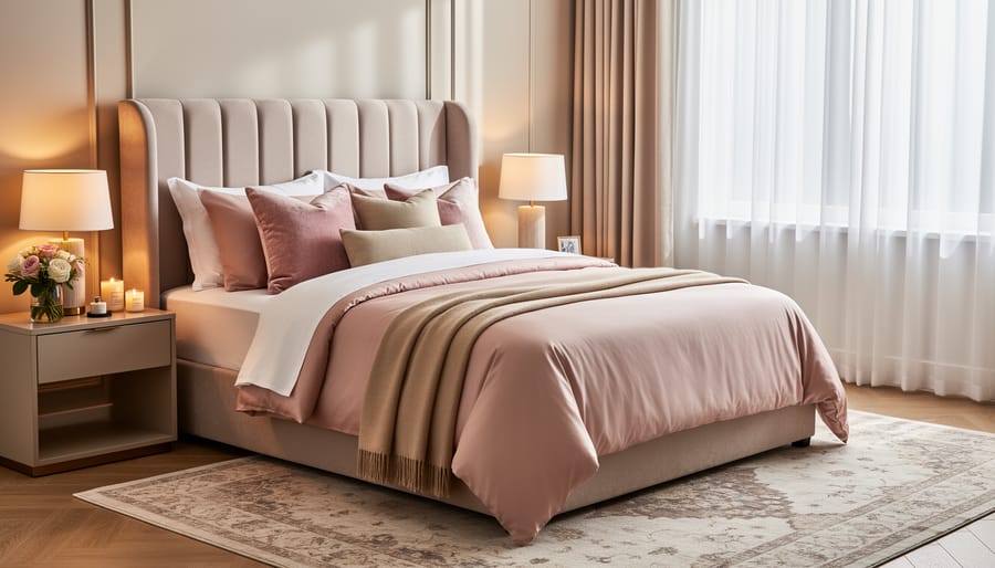 Luxurious boudoir bedroom with velvet headboard and layered romantic bedding in blush and cream tones