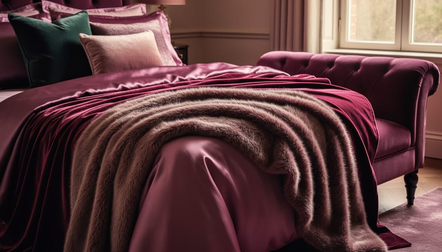Close-up of luxurious boudoir fabrics including velvet, silk, and faux fur in soft neutral tones