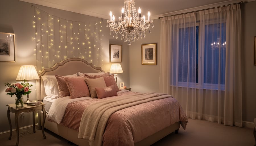 Boudoir bedroom with layered romantic lighting including chandelier and warm ambient lamps