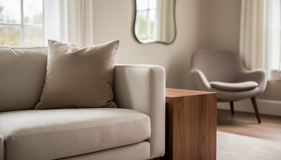 Living room corner with a sturdy linen sofa and plump throw pillow in sharp focus under soft daylight, with a sagging chair and slightly warped mirror blurred in the background.