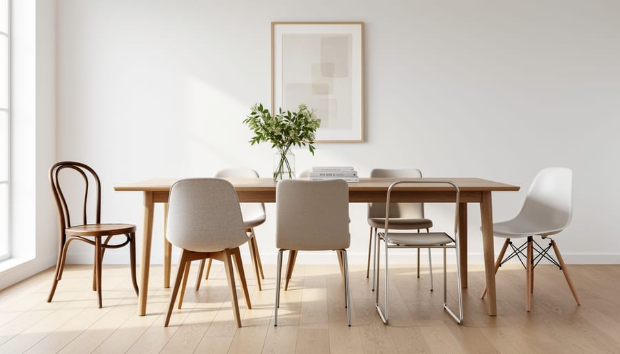 Four different style chairs arranged together showing eclectic mix-and-match approach