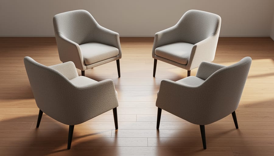 Living room with four matching chairs arranged around a coffee table in conversation square layout