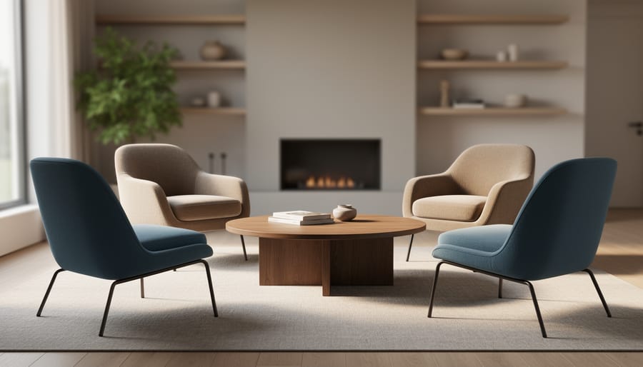 Modern living room featuring four varied chairs in a square around a round wood coffee table, generous spacing, soft natural daylight, warm earth tones, and a softly blurred background with shelves and a leafy plant; no sofa present.