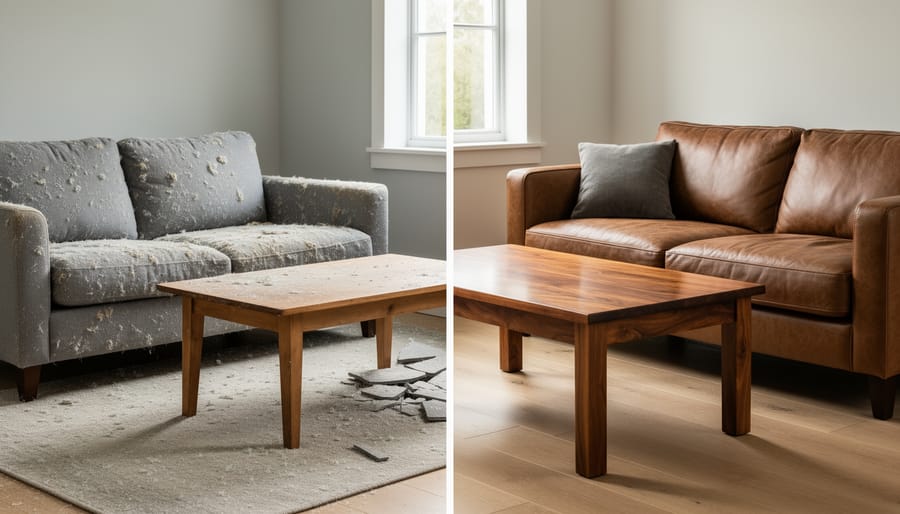 Comparison of worn budget furniture next to well-maintained quality furniture in a living room