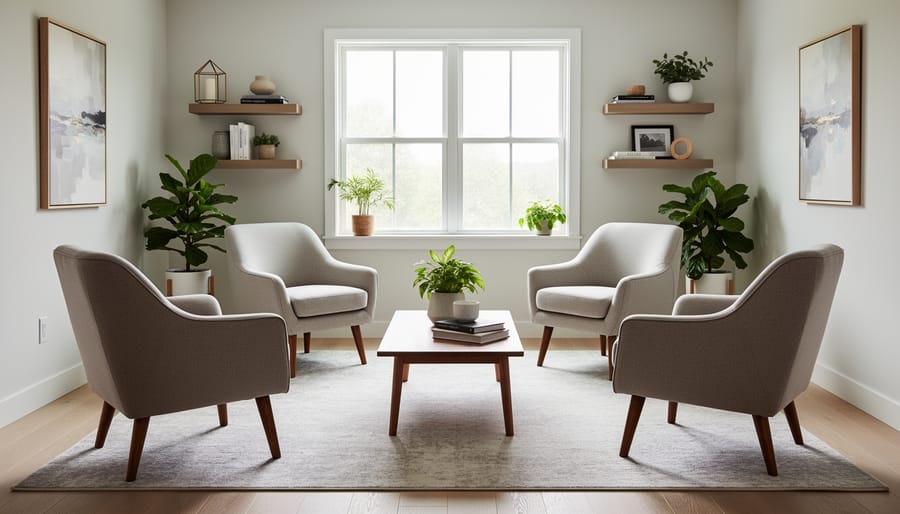 Small living room with four chairs angled toward fireplace showing space-efficient layout