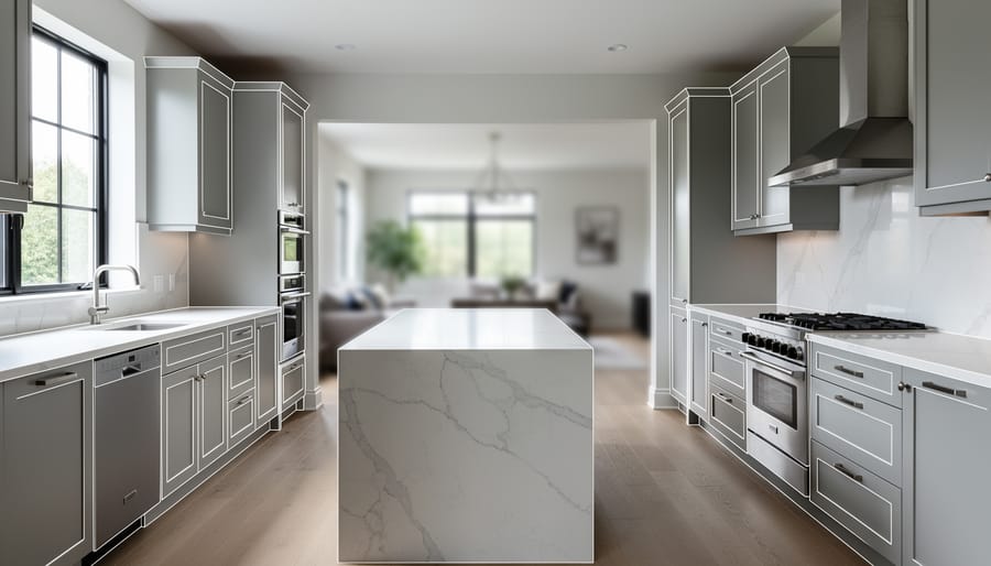 Eye-level view of a modern kitchen with a subtle translucent 3D planning overlay indicating cabinets and an island layout.