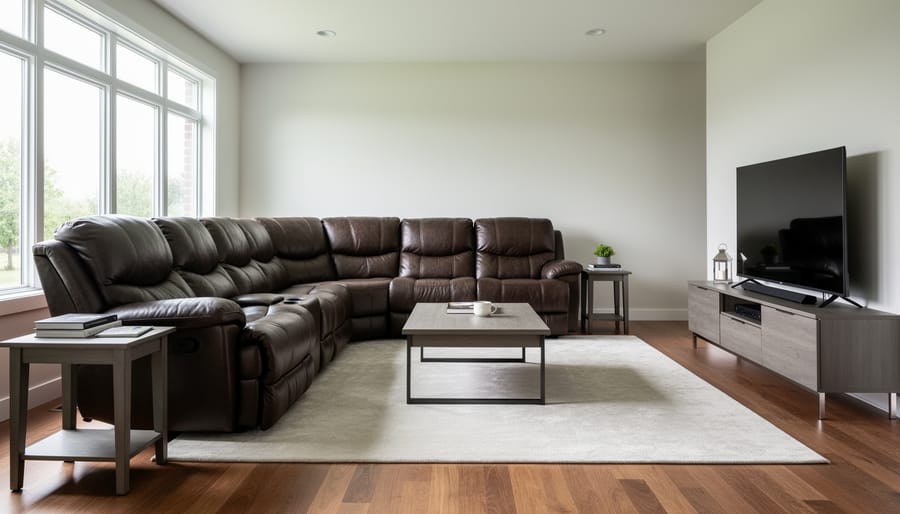 Bedroom or living area with an oversized, overstuffed dark leather sectional and many pillows that make the space feel crowded.