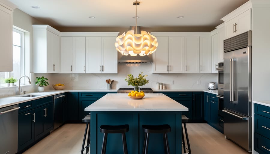 Bold navy statement kitchen with vibrant backsplash and pendant light over an island