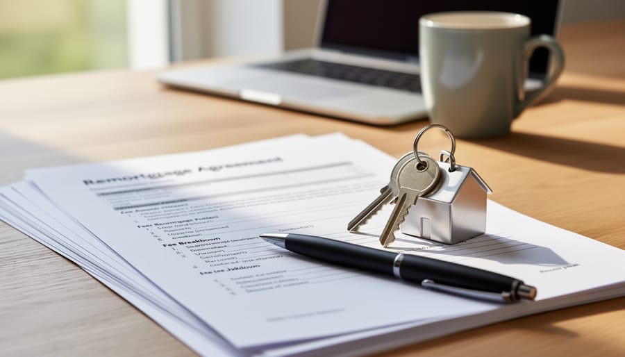Close-up of house keys and legal paperwork on a desk.