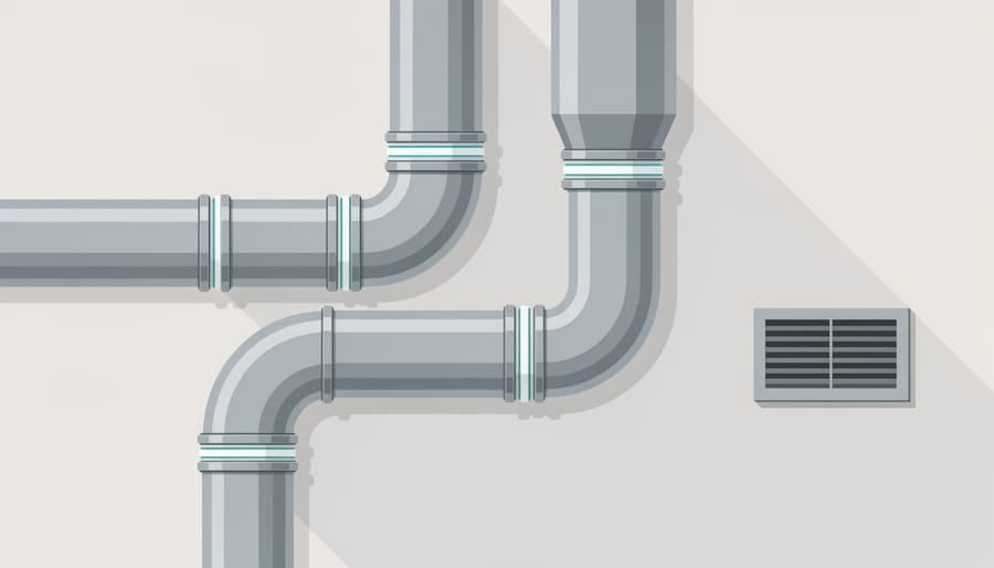 Close-up of sealed HVAC duct connections and a return-air vent in a utility closet.