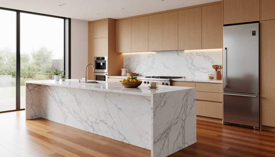 Close view of marble countertop and luxury built-in espresso niche with stainless appliances