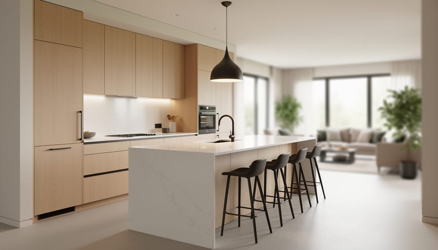 Wide view of a luxury Scandinavian-inspired kitchen with a waterfall quartz island, wood cabinetry, matte black hardware, and soft natural window lighting.