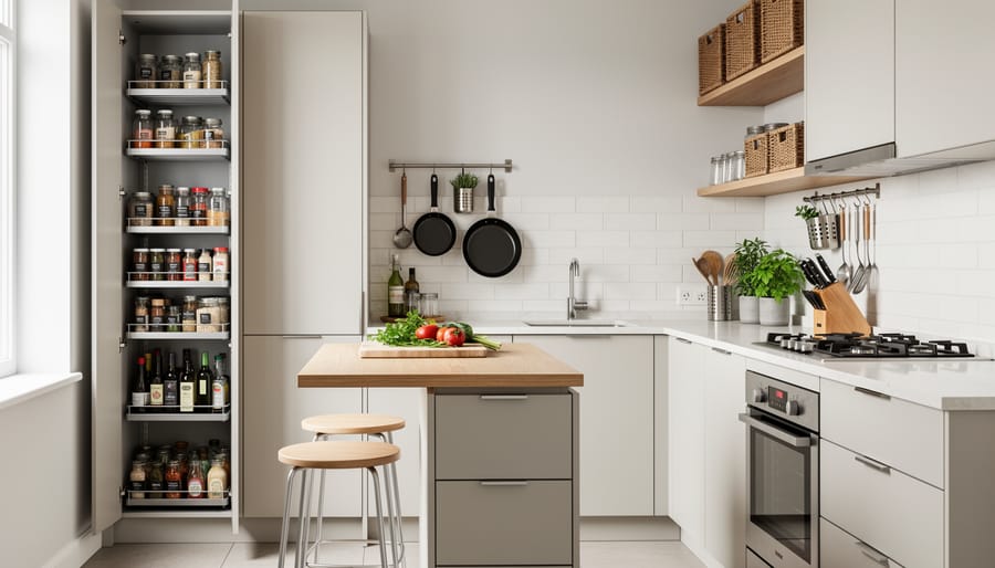 Efficient small kitchen with floor-to-ceiling pantry storage and compact island