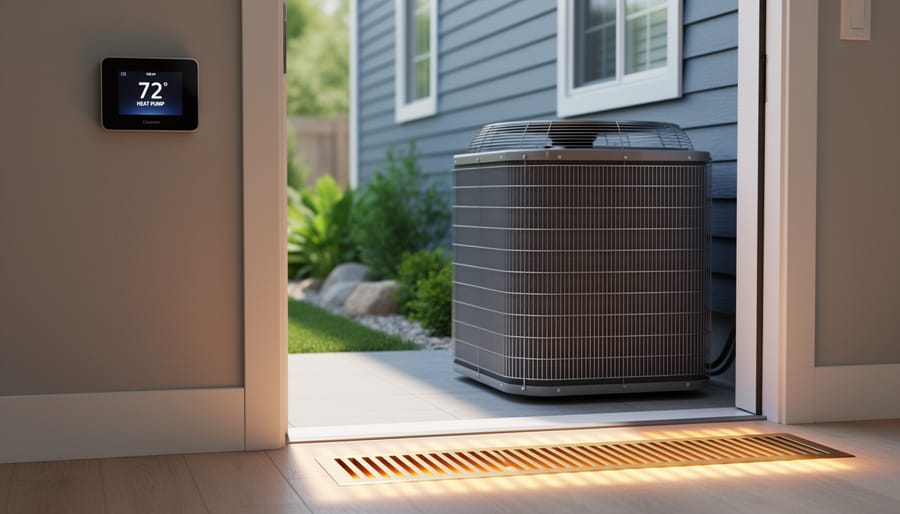 Efficient heat-pump outdoor unit next to a modern home exterior with a smart thermostat and heating vent in the foreground.