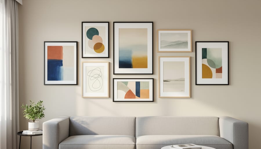 Gallery wall with framed abstract art and black-and-white photography in a modern living room
