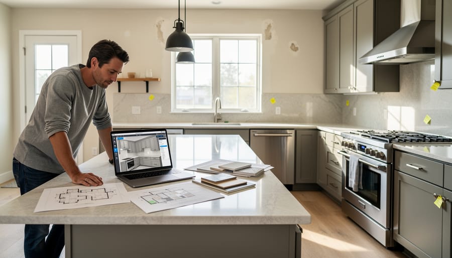 Homeowner in a modern kitchen holding a smartphone while planning renovation ideas near the island.