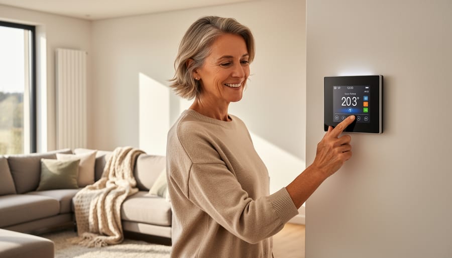 Homeowner standing in a bright living room next to a wall-mounted heat pump unit, holding a smartphone.