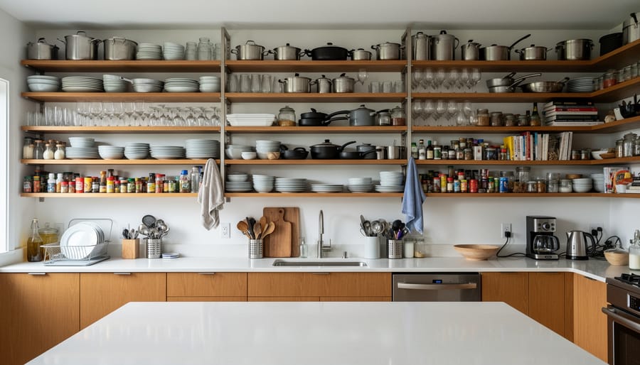 Kitchen with extensive open shelving filled with jars and dishes, creating a cluttered look.