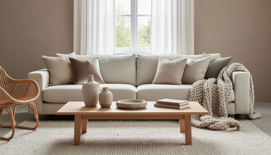 Living room featuring layered neutral textiles like knit throws, boucle chair, and jute rug in greige and cream tones.