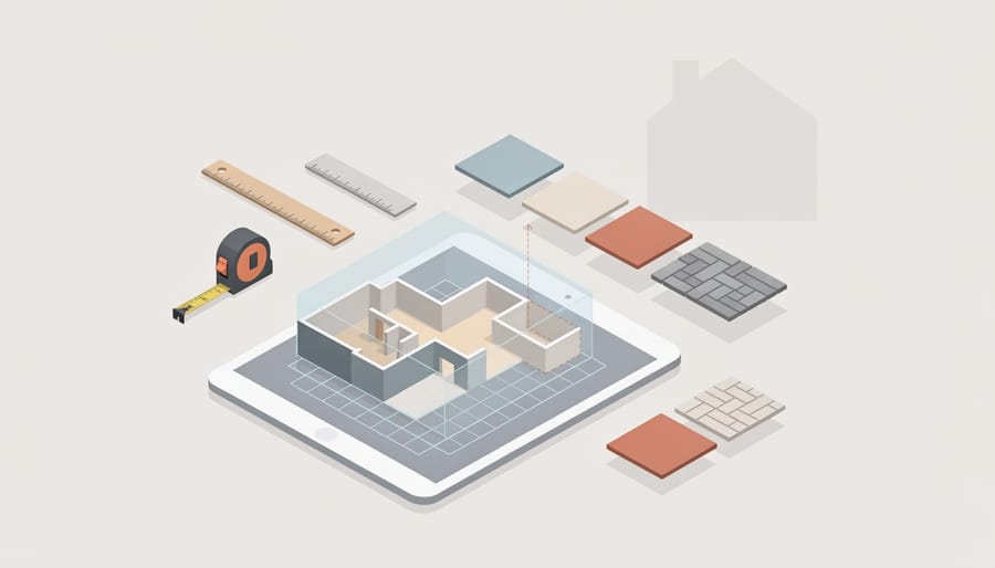 Measuring tape, level, and cabinet finish swatches arranged on a kitchen counter for planning.