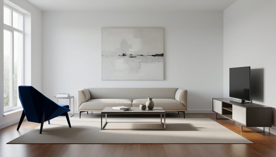 Minimalist modern living room featuring a clean-lined sectional sofa and streamlined coffee table