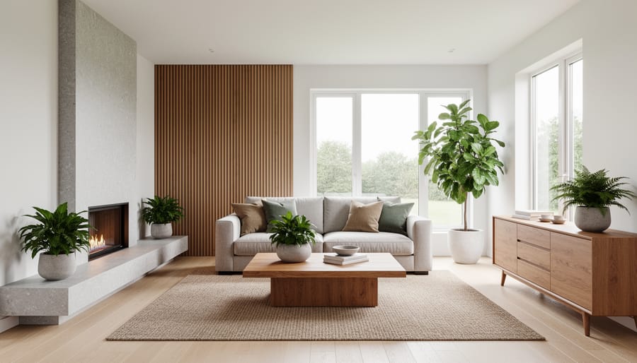 Modern decor corner featuring oak furniture, rattan accents, and a potted plant