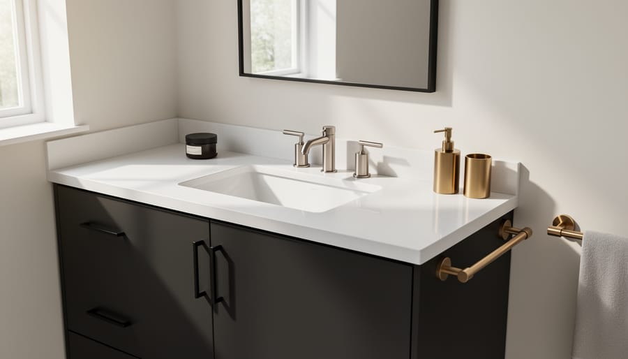 Modern kitchen vignette featuring mixed metals in faucet hardware and lighting