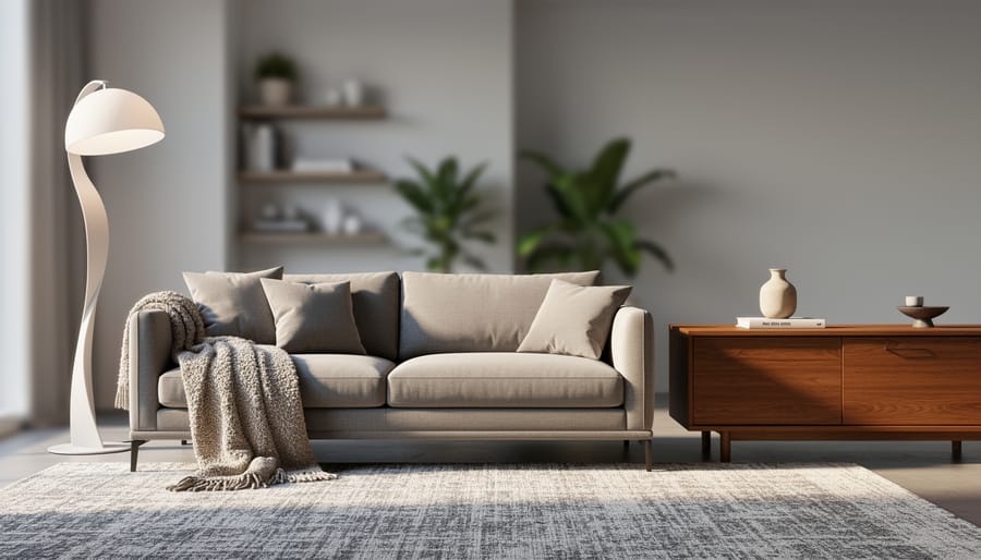 Modern living room with a sculptural floor lamp, neutral sofa, textured rug and throw, and a vintage wooden credenza under soft natural daylight.