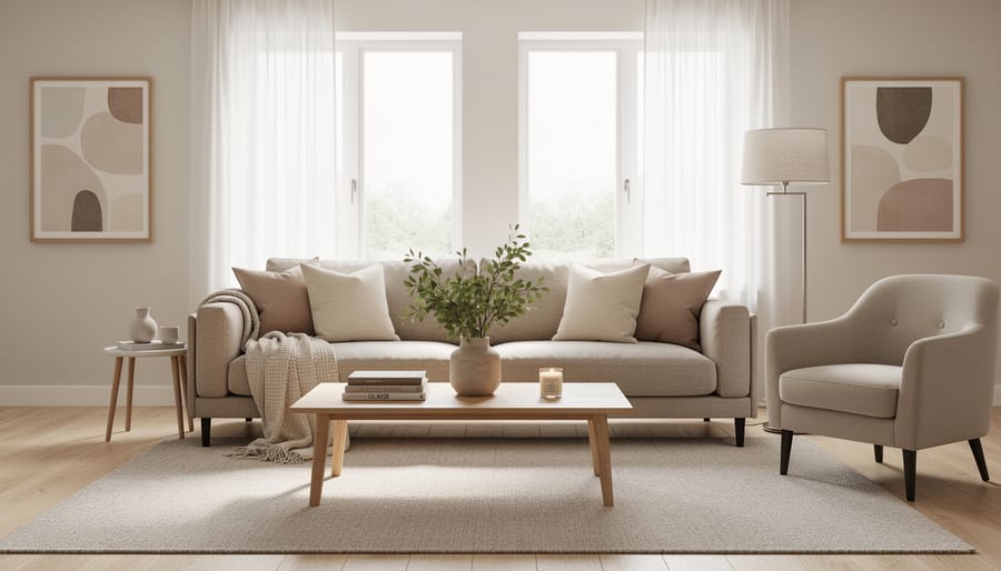 Modern living room styled with beige sofa, cream curtains, taupe rug, and light wood furniture in warm neutral tones.