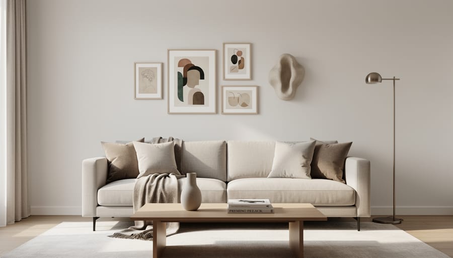 Modern living space with neutral walls, matte wood furniture, and a few framed artworks for a timeless, updated look.