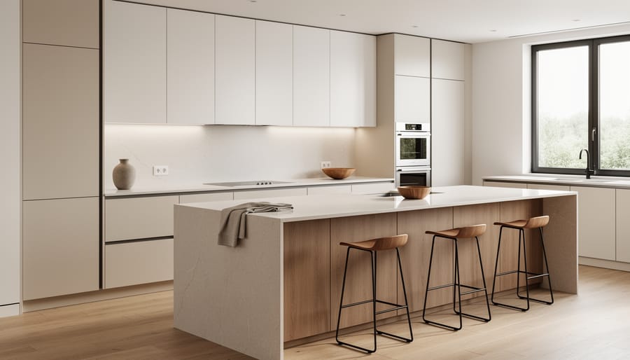 Modern minimalist kitchen with handleless cabinets and a waterfall-edge island in soft natural light
