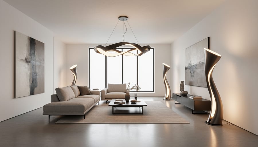 Modern pendant and floor lamps with sculptural geometric design in a minimalist living room