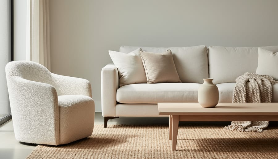Monochromatic beige living room with layered textiles like linen curtains and boucle cushions