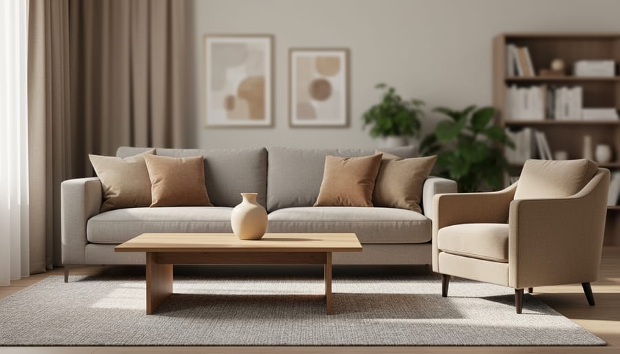 A modern living room styled with layered neutrals, including a greige sofa, beige and taupe textiles, a light gray rug, warm wood coffee table, and natural decor under soft daylight.