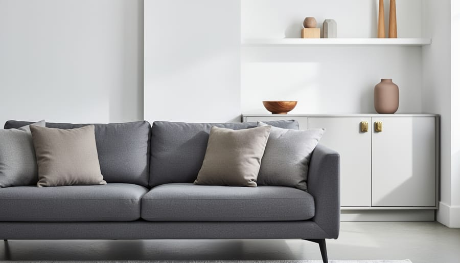 Modern living room interior with cool gray decor and subtle outdated elements, softened by warmer accents and natural light.