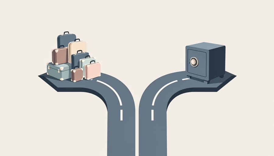 Overhead view of two suitcases and a lockbox suggesting a choice between two financial paths.