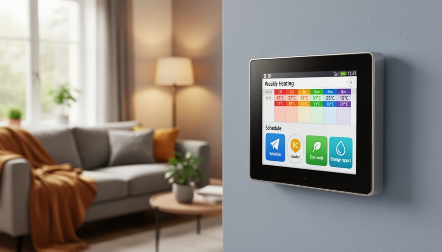 Smart thermostat mounted on a wall in a cozy living room near a window.
