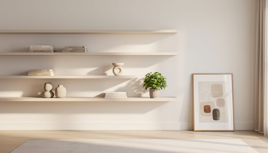 Styled open shelving with curated decor objects and negative space