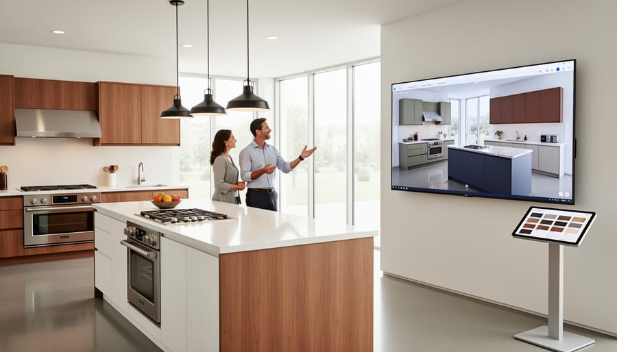 Tablet on a kitchen showroom counter beside neatly arranged cabinetry and appliances.