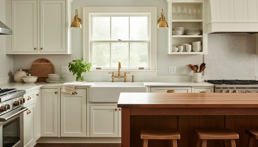 Traditional kitchen with warm wood cabinets and a farmhouse sink under a window
