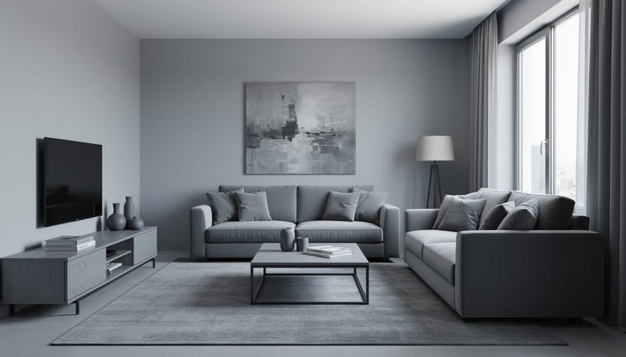 Wide view of a living room with an all-gray sofa and gray décor that looks cold and uninviting.