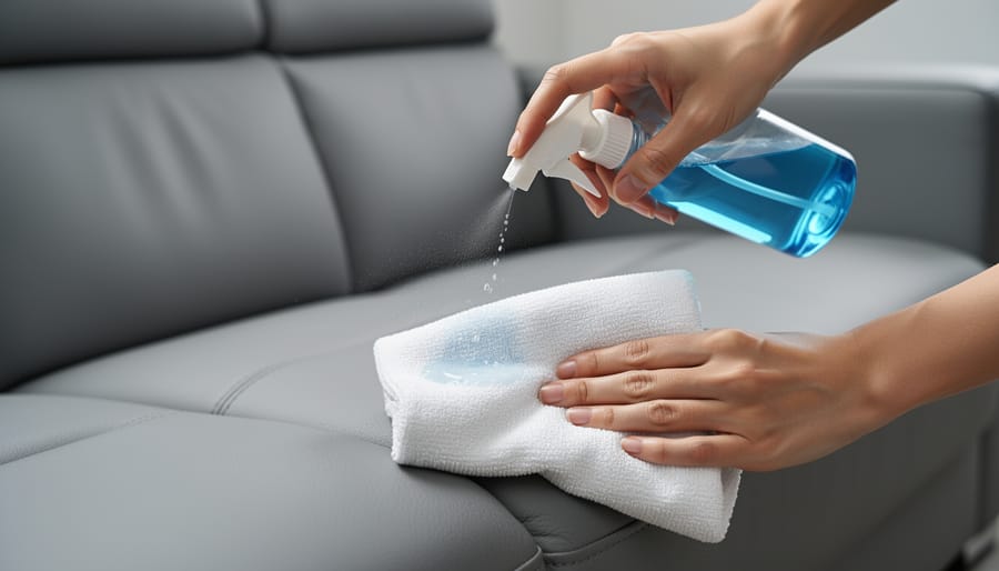 Hands wiping a leather car seat with a microfiber cloth dampened with leather cleaner.