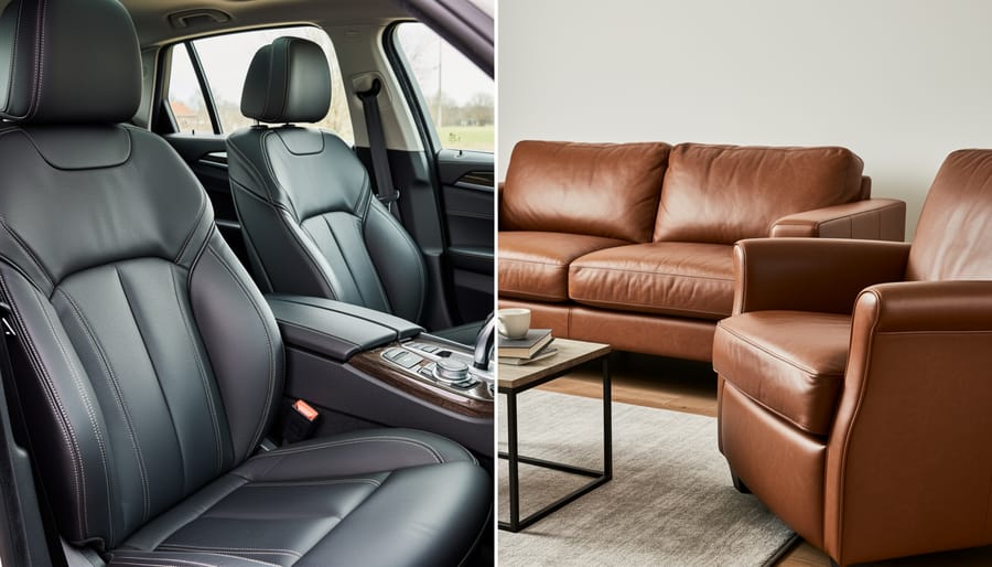 Close-up view showing a leather car seat next to a leather furniture arm, emphasizing shared material texture.