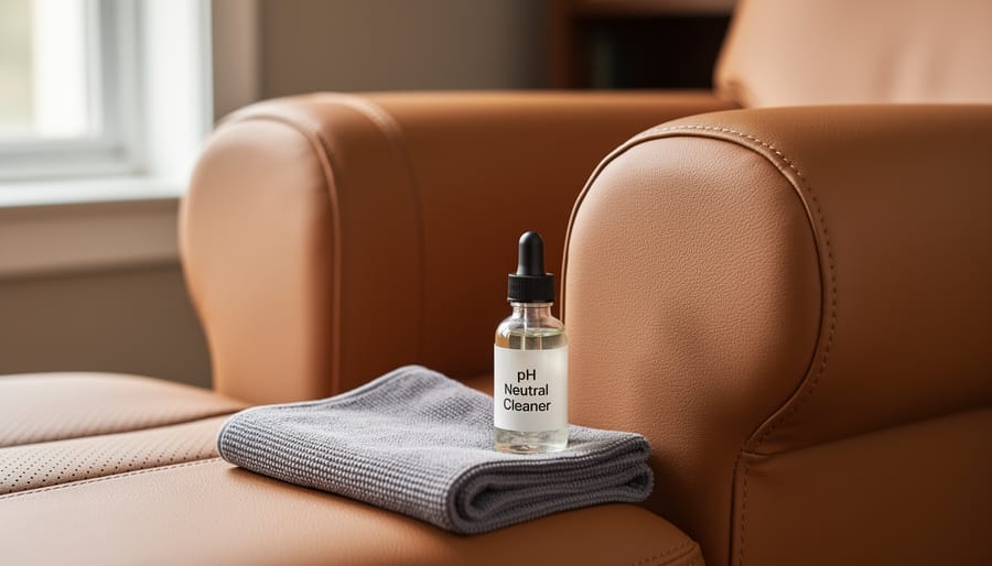 Close-up of a tan leather car seat cushion and a leather sofa arm with visible grain, alongside a microfiber cloth and pH-neutral cleaner bottle in soft daylight.