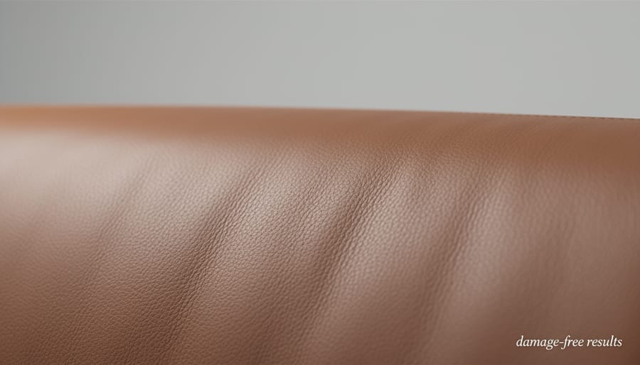 Leather car seat surface with a natural conditioned sheen and clear visible grain and stitching.